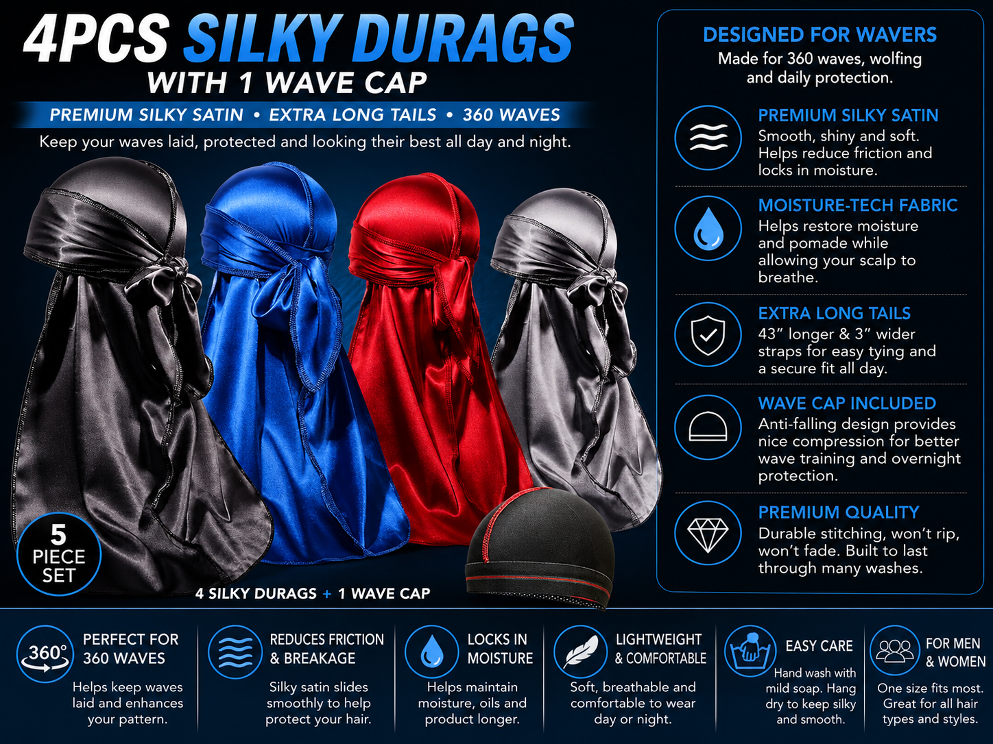 4-Pack Silky Durags with Wave Cap
