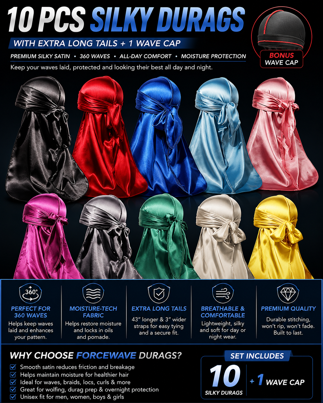 10-Pack Silky Satin Durags for 360 Waves