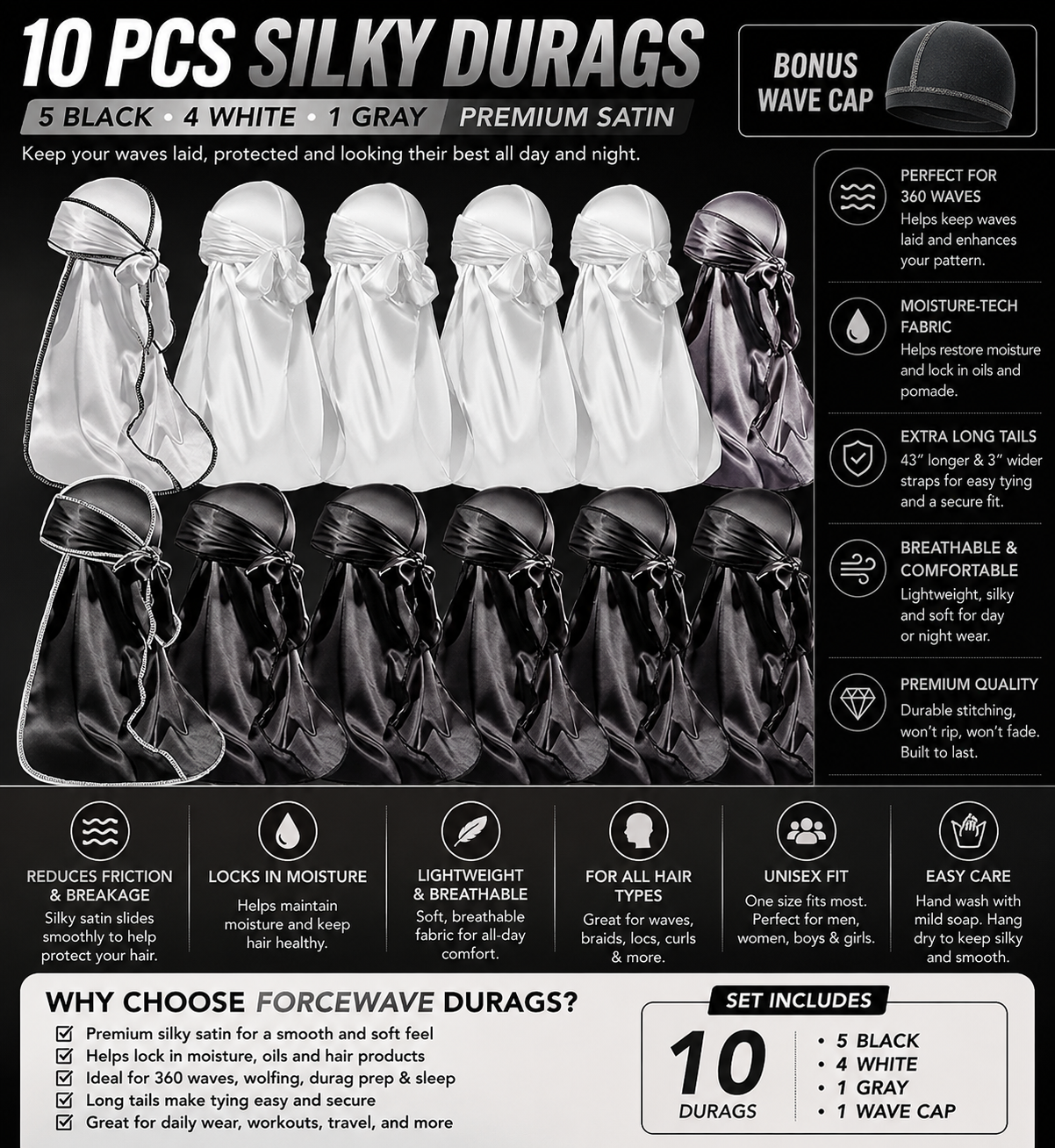 10-Pack Silky Satin Durags for 360 Waves
