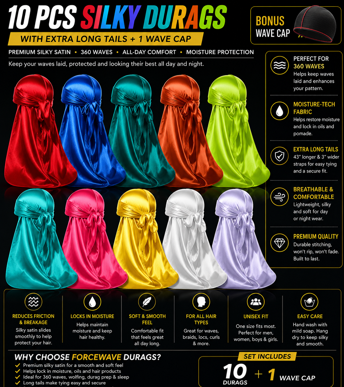 10-Pack Silky Satin Durags for 360 Waves (Random Color Bundle)