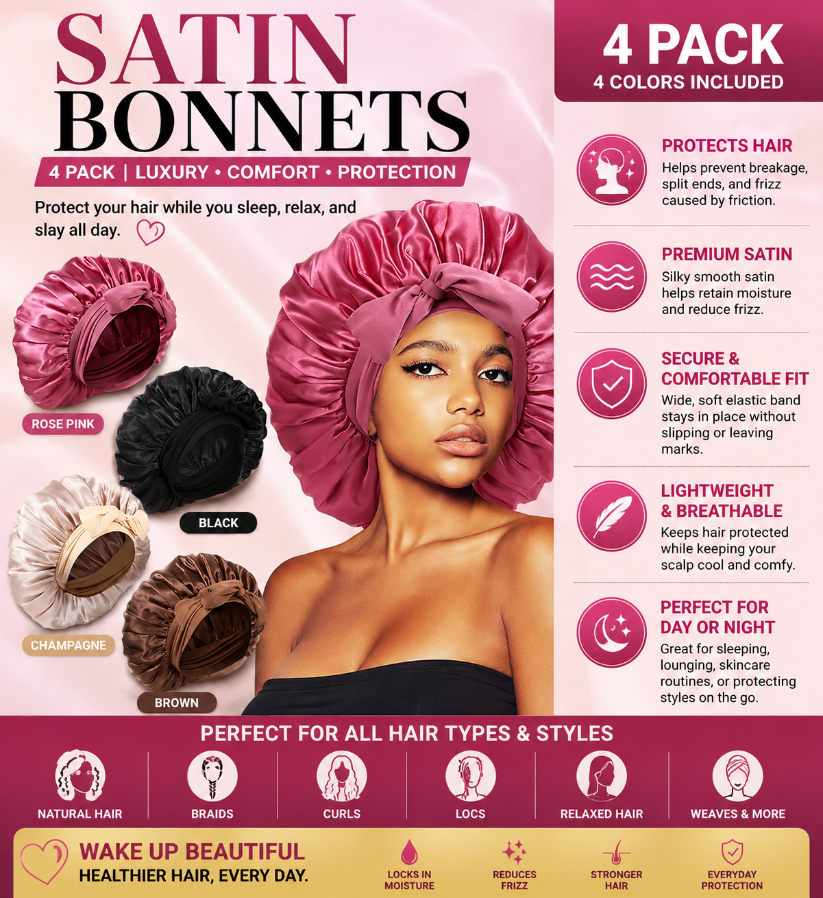 3-Pack Jumbo Satin Bonnets with Tie Band