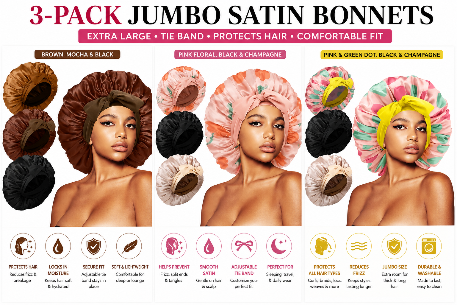 3-Pack Jumbo Satin Bonnets with Tie Band